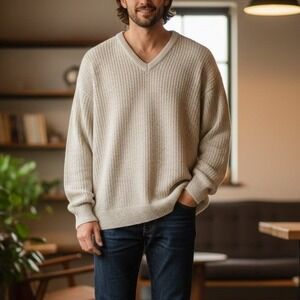 LORD JEFF Mens Beige V Neck Knit Sweater Size L 85% Cotton 15% Rayon Jute